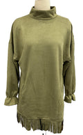 Fringe Hem Turtleneck Faux Suede Dress - Green