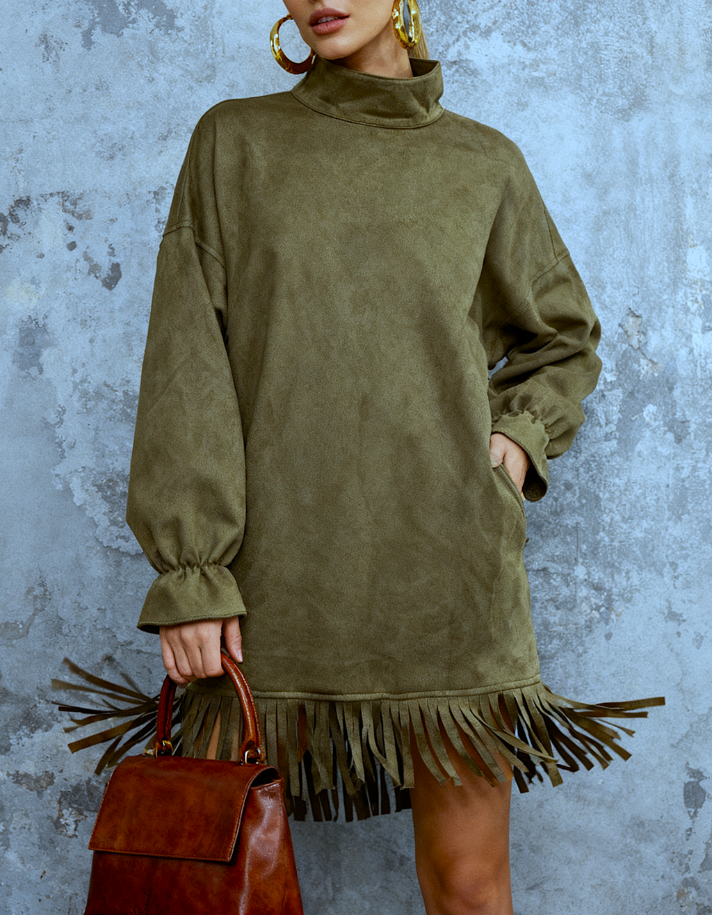 Fringe Hem Turtleneck Faux Suede Dress