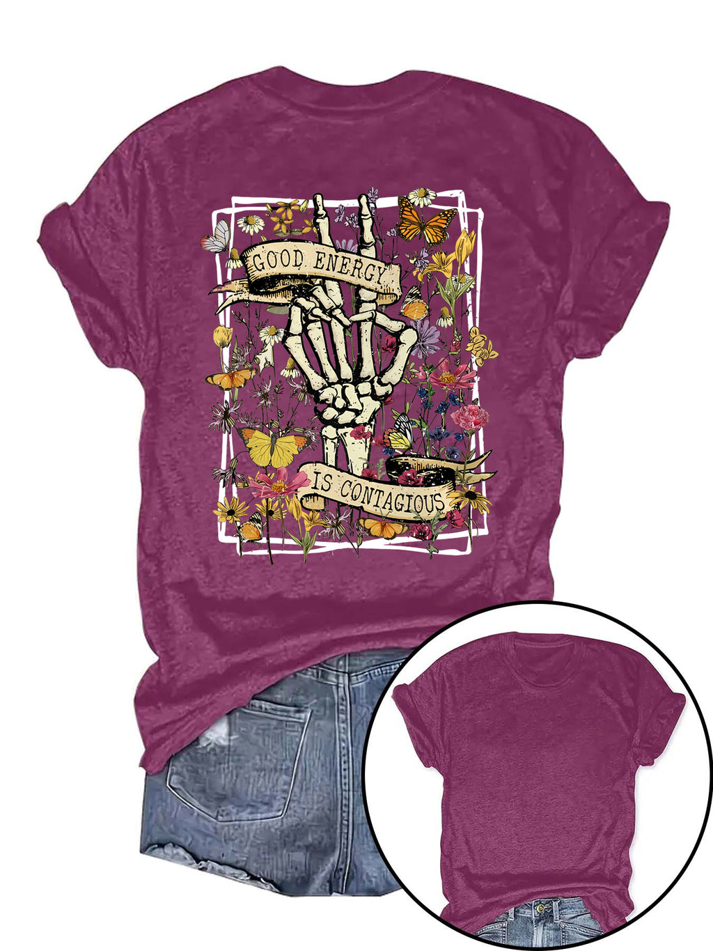 Skeleton Peace Hand Wildflower Graphic Tee - Berry