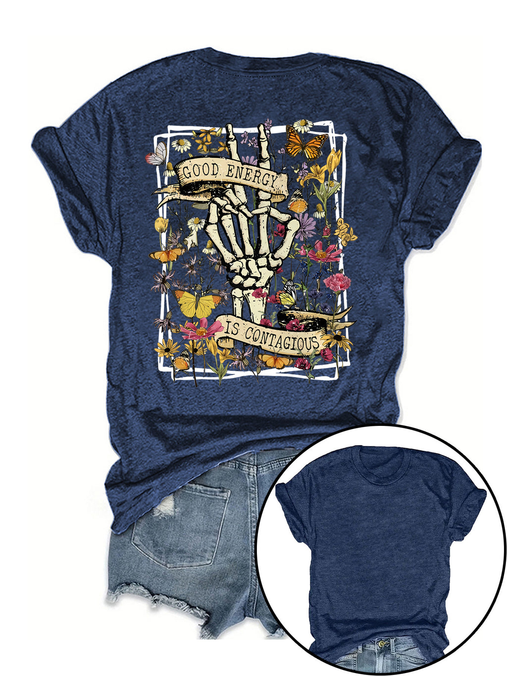 Skeleton Peace Hand Wildflower Graphic Tee - Blue