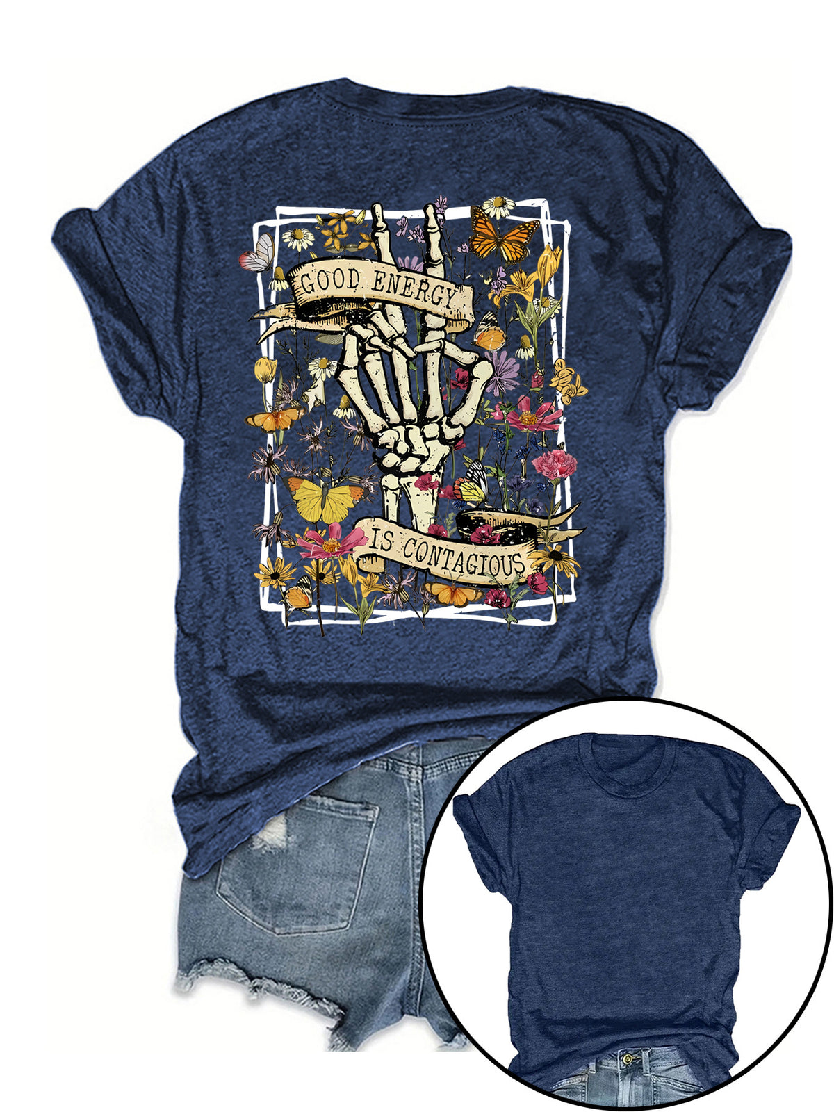 Skeleton Peace Hand Wildflower Graphic Tee - Blue