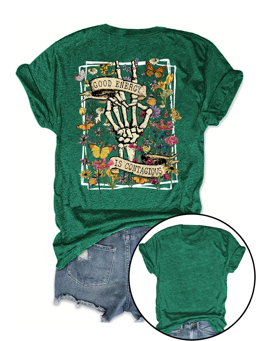 Skeleton Peace Hand Wildflower Graphic Tee - Green