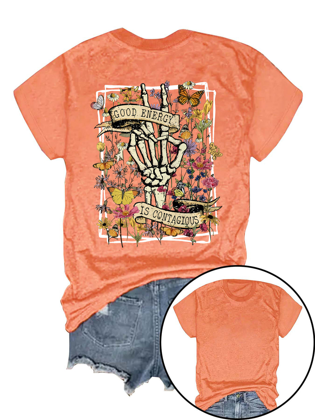 Skeleton Peace Hand Wildflower Graphic Tee - Orange
