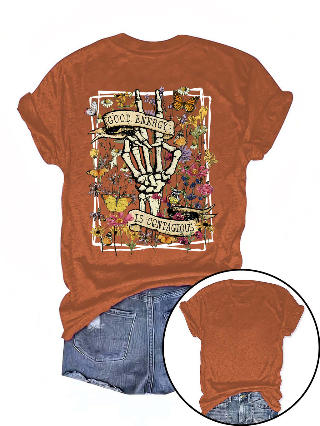 Skeleton Peace Hand Wildflower Graphic Tee - Rust