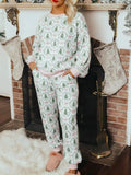 Christmas Tree Print Lounge Set With Striped Trim - Pink