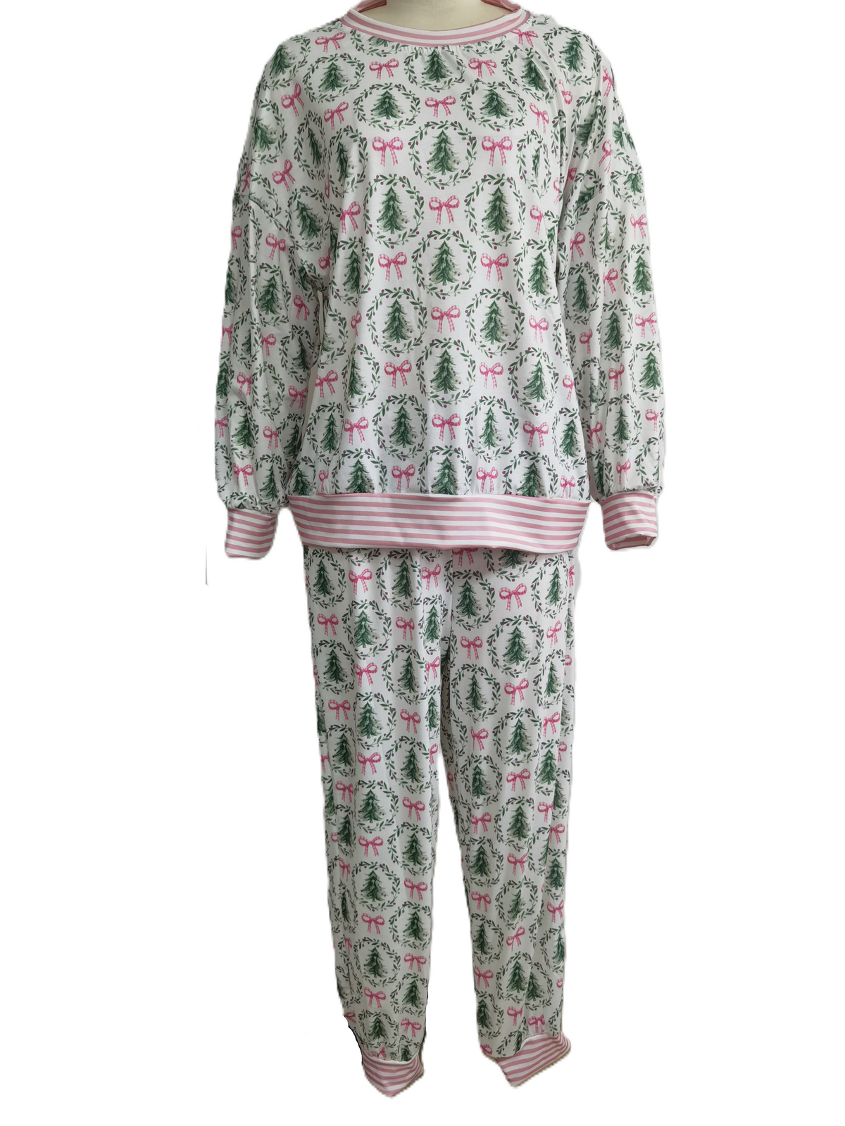 Christmas Tree Print Lounge Set With Striped Trim - Pink - 1