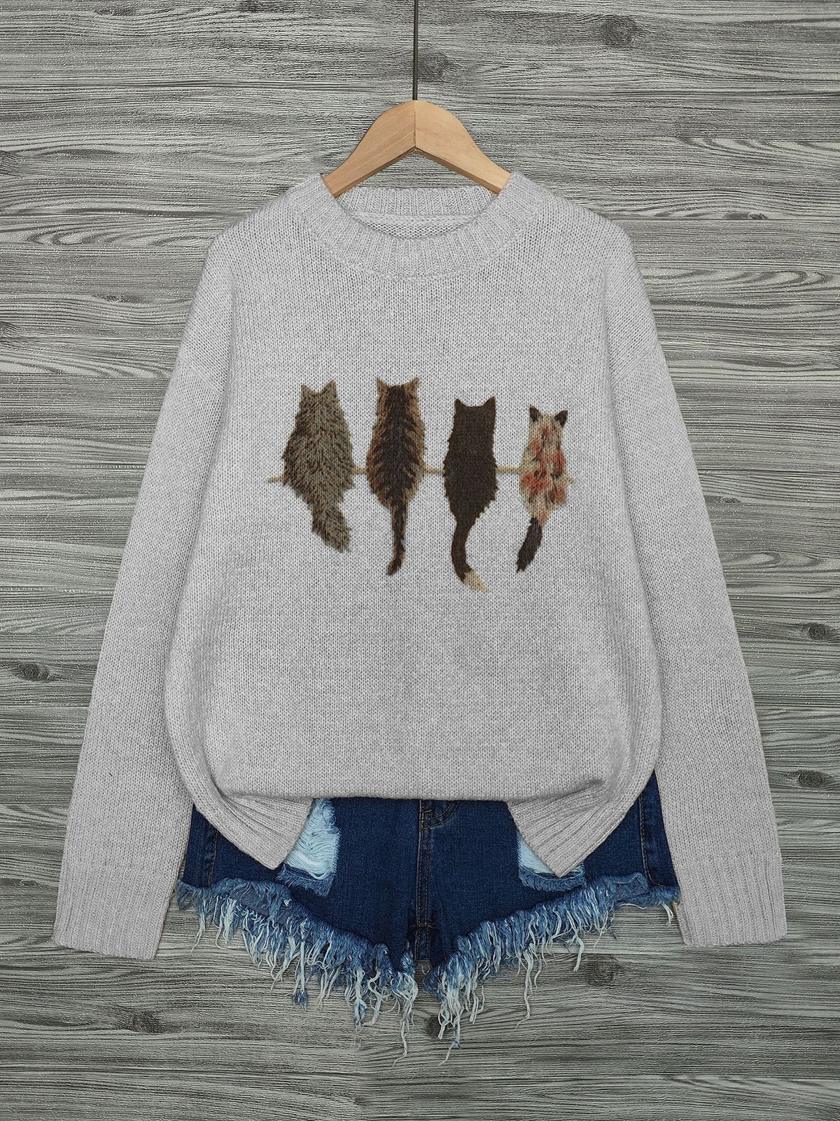 Four Cats Intarsia Knit Crewneck Sweater - Gray