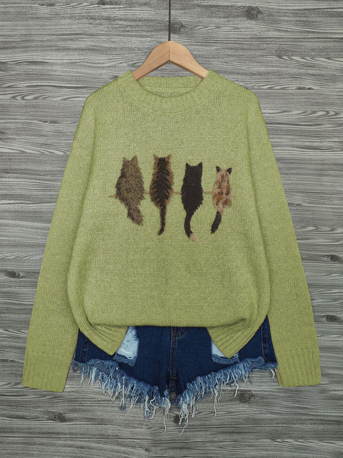 Four Cats Intarsia Knit Crewneck Sweater - Green