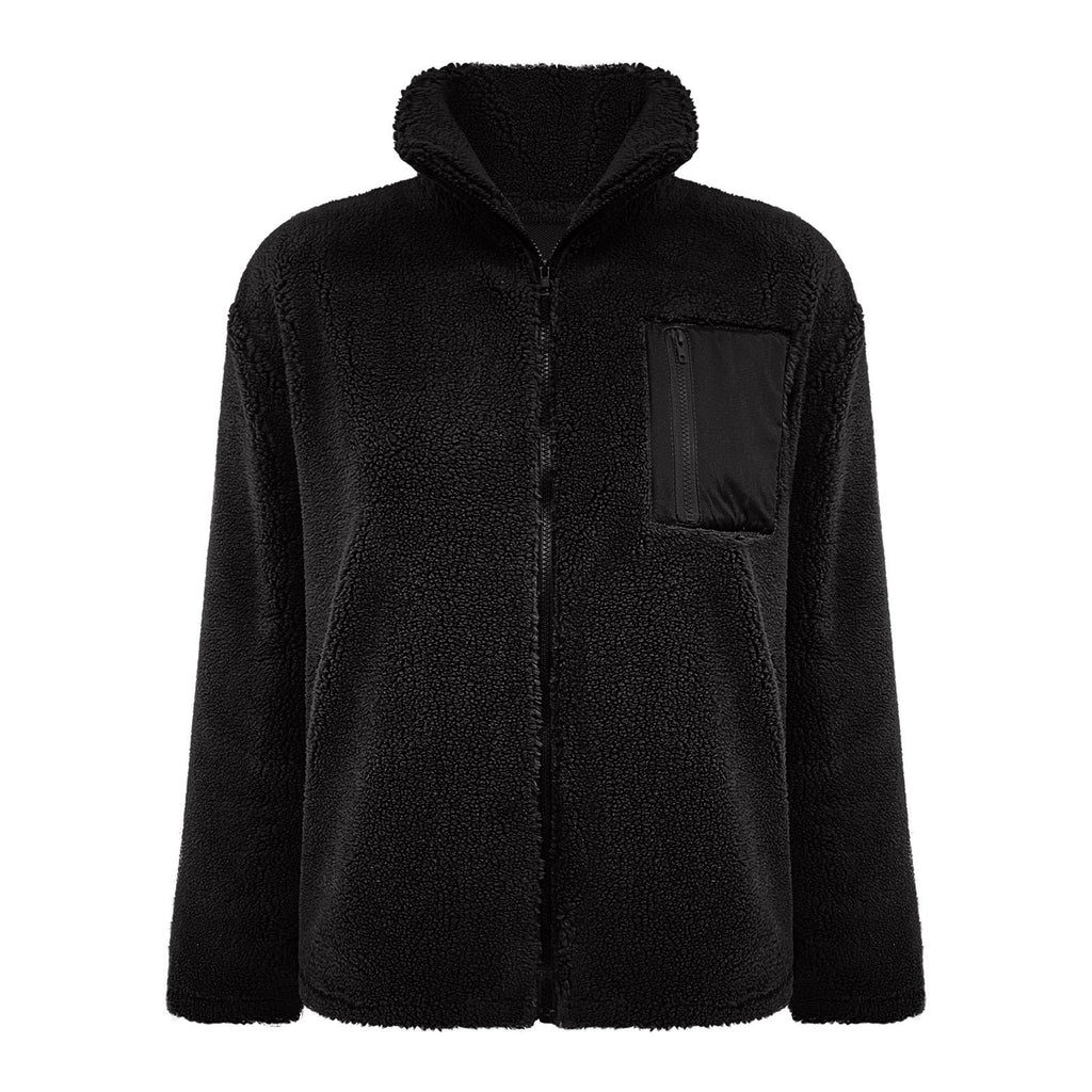 Zip Front Sherpa Teddy Fleece Jacket - Black