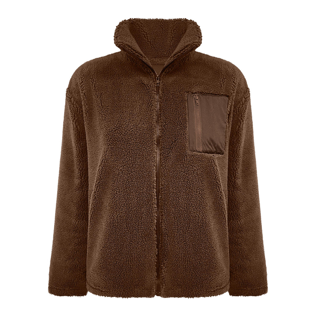 Zip Front Sherpa Teddy Fleece Jacket - Brown