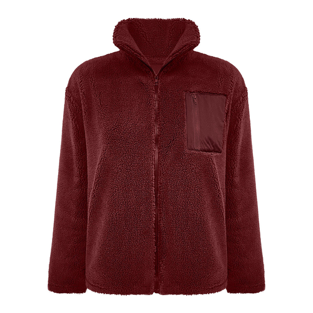Zip Front Sherpa Teddy Fleece Jacket - Burgundy
