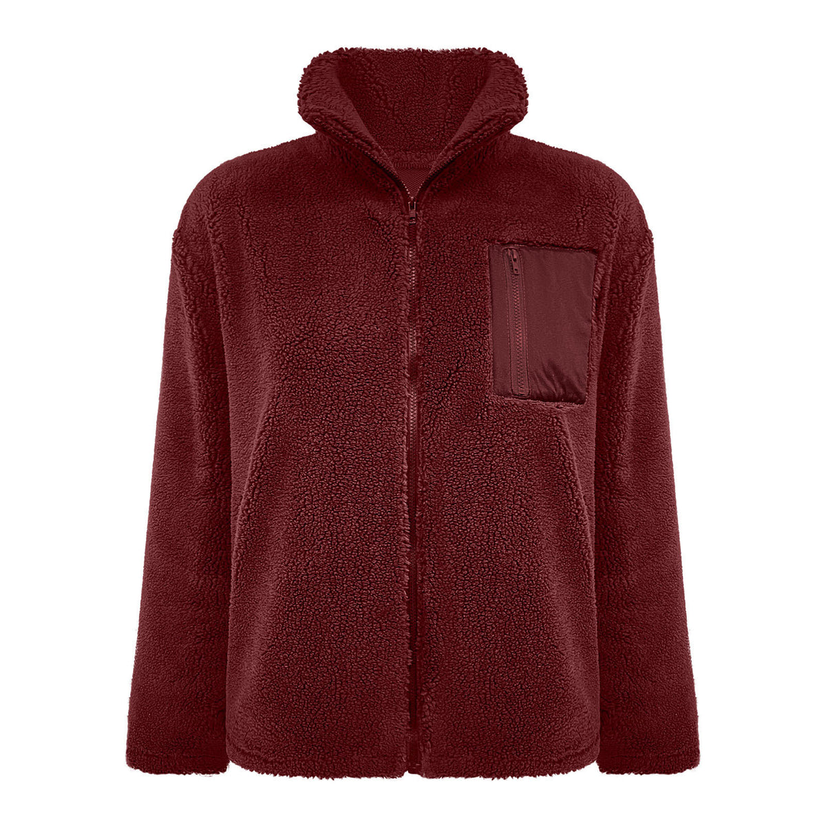 Zip Front Sherpa Teddy Fleece Jacket - Burgundy