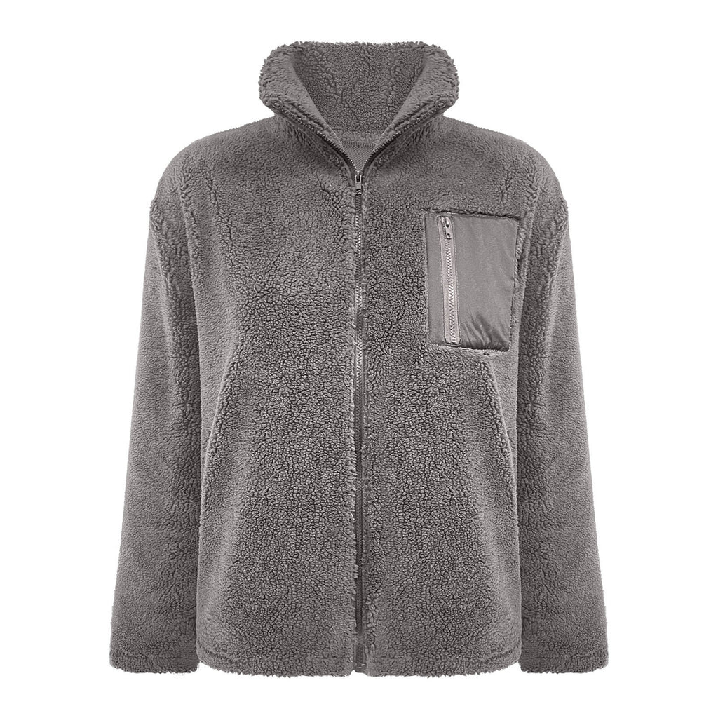 Zip Front Sherpa Teddy Fleece Jacket - Grey