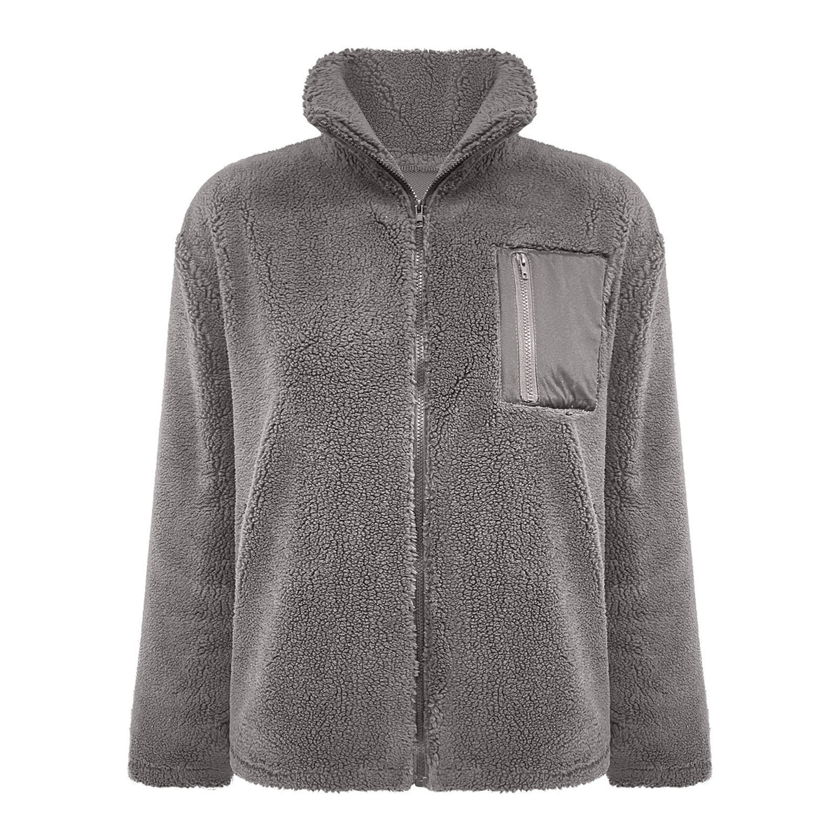 Zip Front Sherpa Teddy Fleece Jacket - Grey