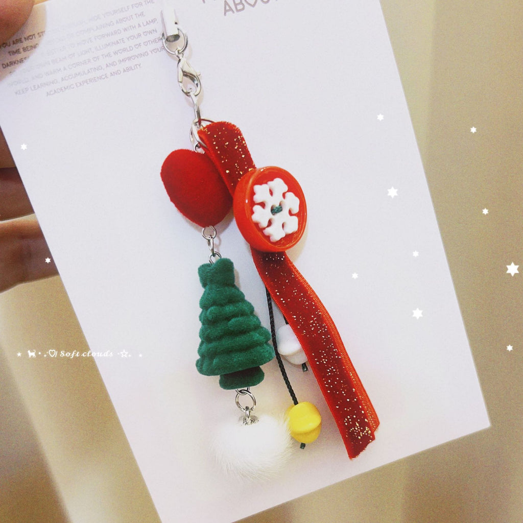Glitter Tree Charm Keychain With Pom Pom - Tree-2 - 1