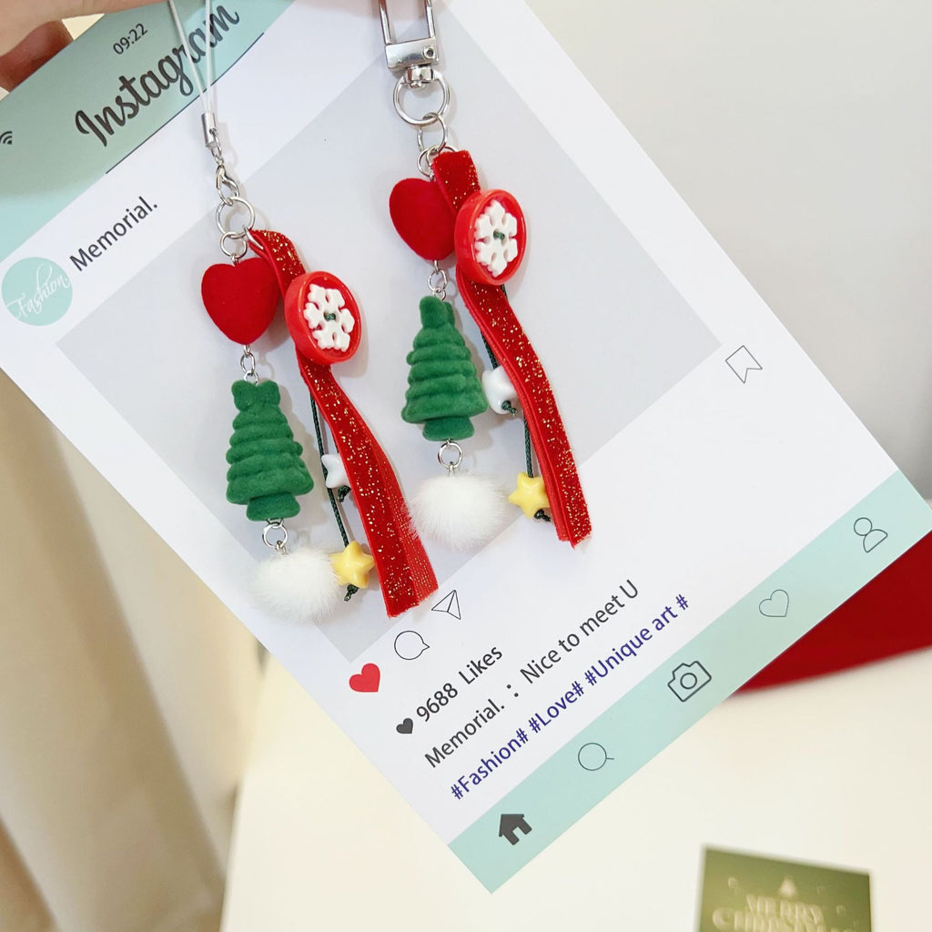 Glitter Tree Charm Keychain With Pom Pom - Tree-2 - 2