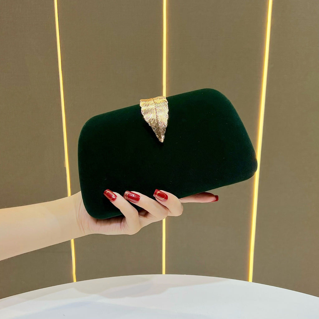Leaf Clasp Evening Clutch With Chain Strap - Dark Green