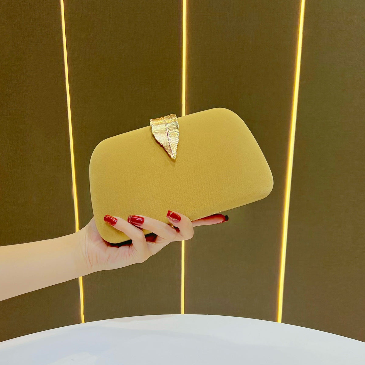 Leaf Clasp Evening Clutch With Chain Strap - Mustard