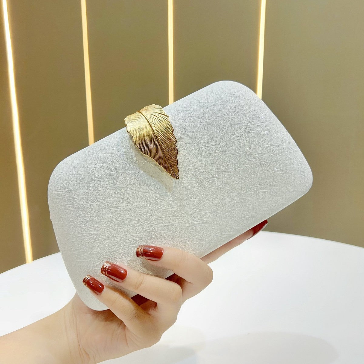 Leaf Clasp Evening Clutch With Chain Strap - White