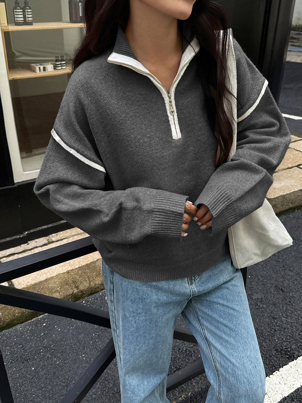 Contrast Trim Half Zip Collared Sweater - Grey