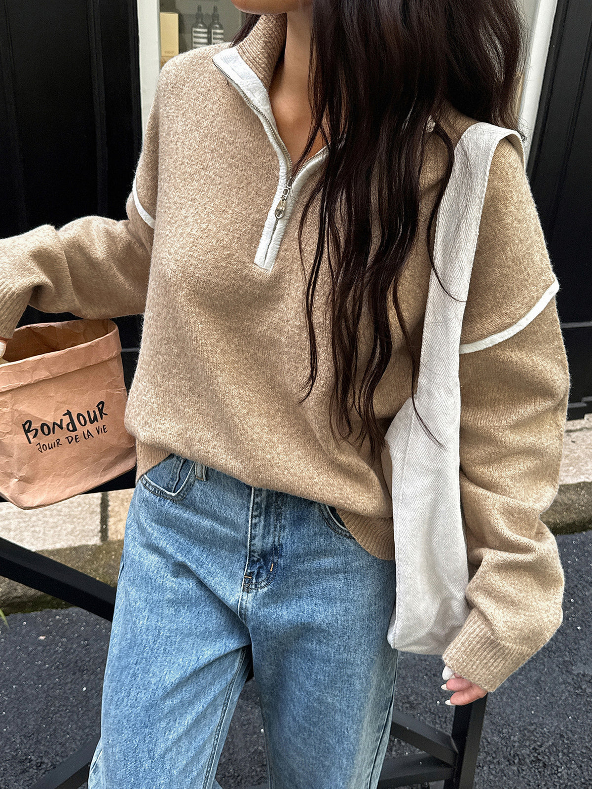 Contrast Trim Half Zip Collared Sweater - Khaki
