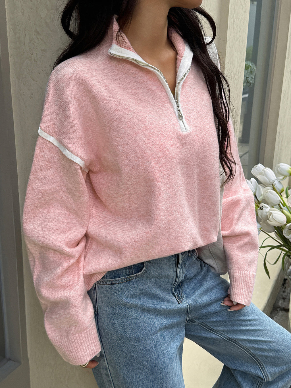 Contrast Trim Half Zip Collared Sweater - Pink
