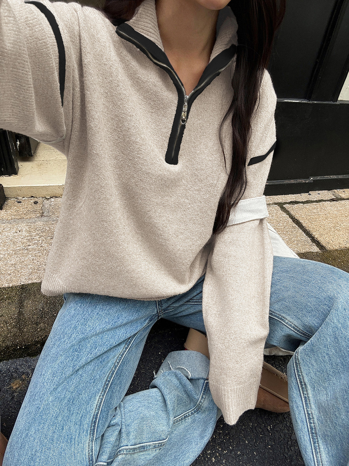 Contrast Trim Half Zip Collared Sweater - White