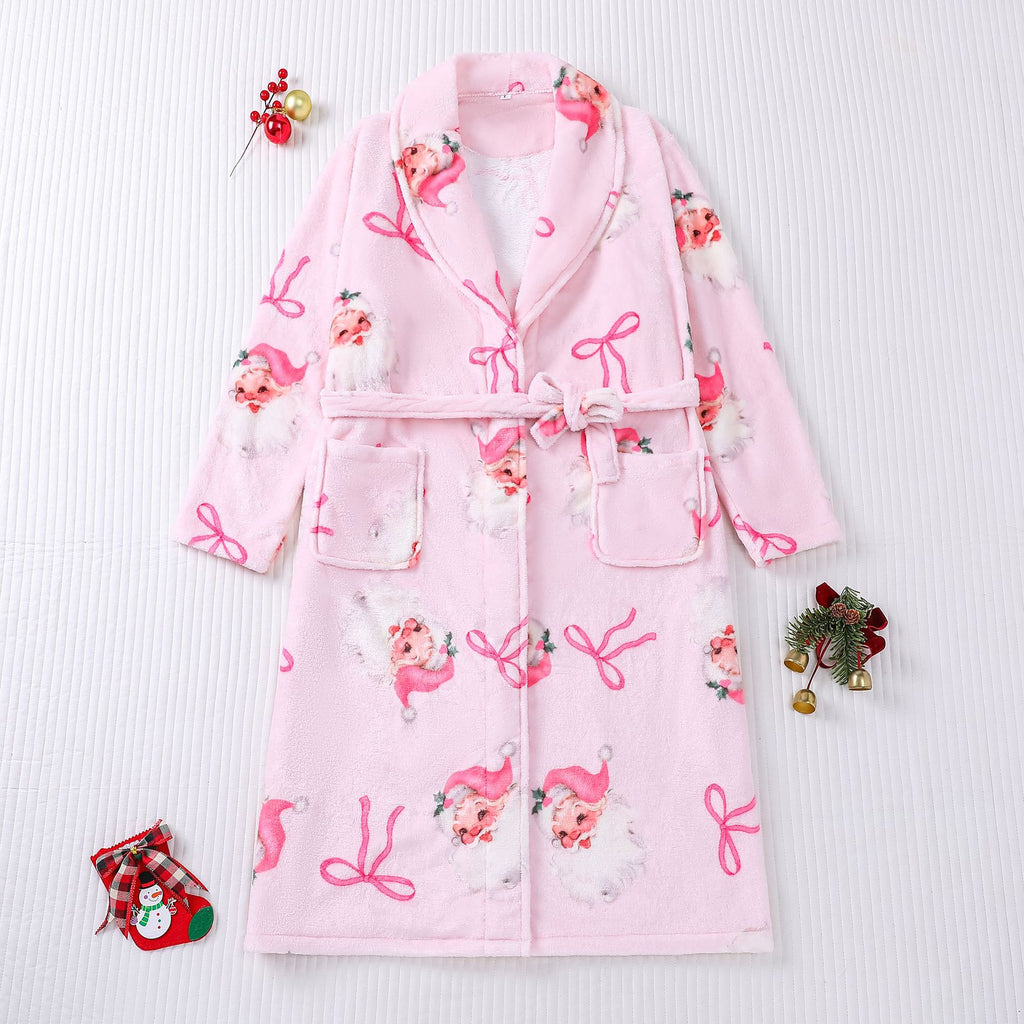 Plush Santa Bow Print Christmas Robe - Pink