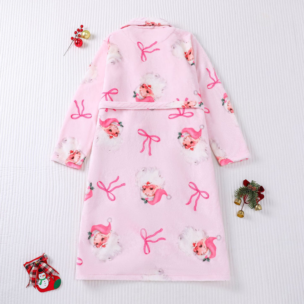 Plush Santa Bow Print Christmas Robe - Pink - 1