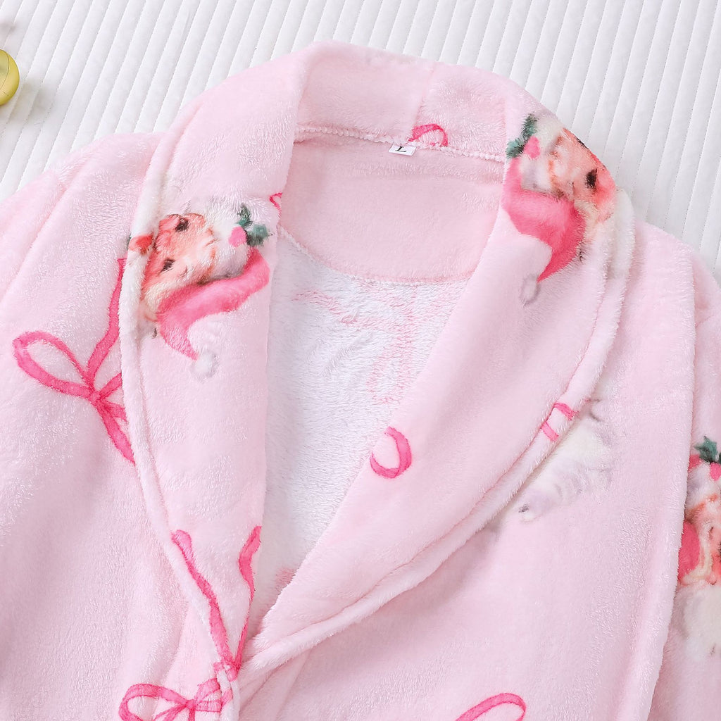 Plush Santa Bow Print Christmas Robe - Pink - 2