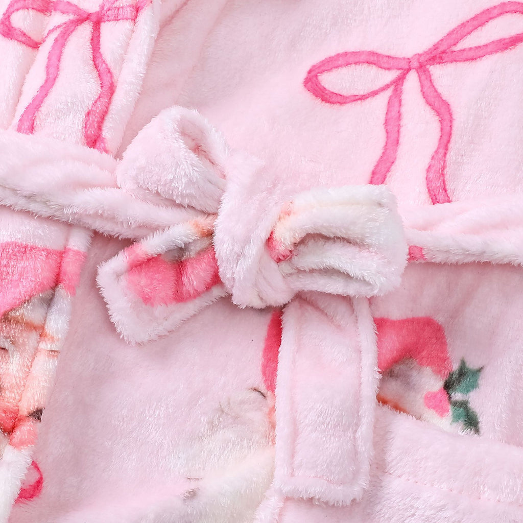 Plush Santa Bow Print Christmas Robe - Pink - 4