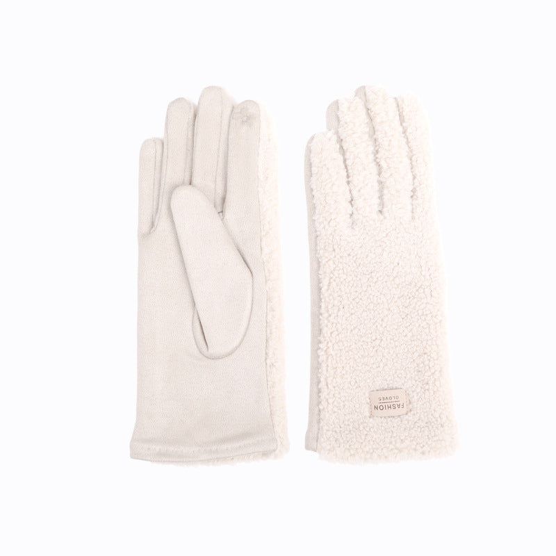 Plush Sherpa Winter Gloves With Suede Palm - Beige