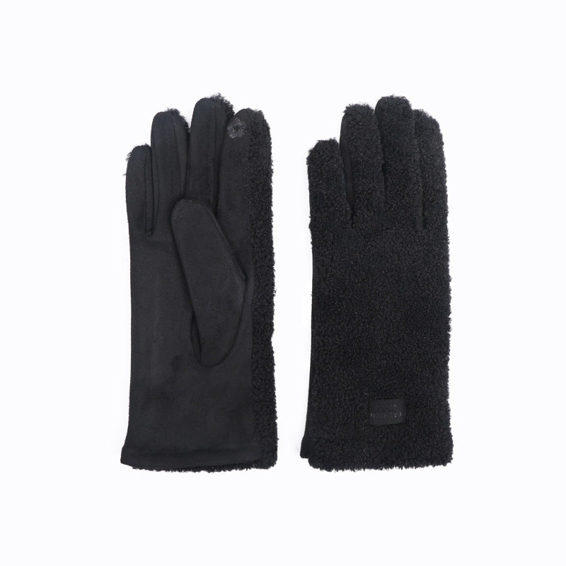 Plush Sherpa Winter Gloves With Suede Palm - Black