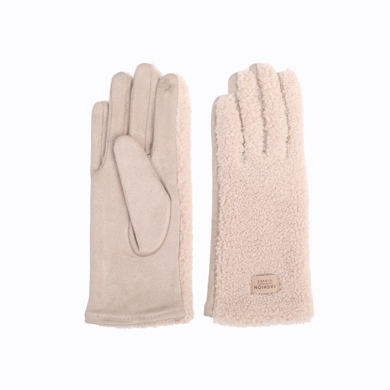Plush Sherpa Winter Gloves With Suede Palm - Khaki