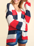 Open Knit Color Block Stripe Cardigan - Striped