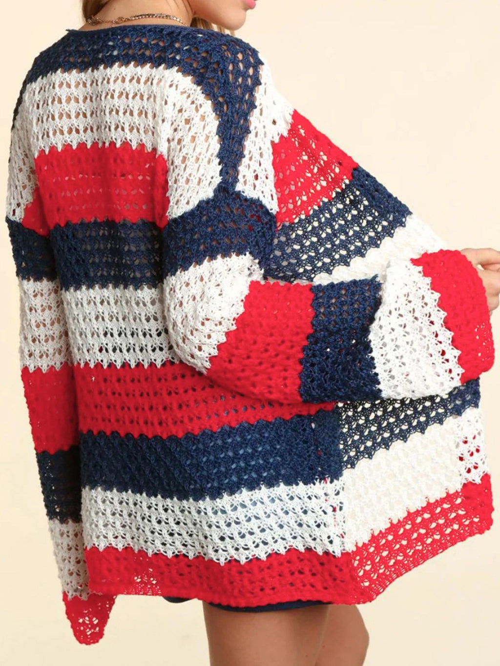 Open Knit Color Block Stripe Cardigan - Striped - 1