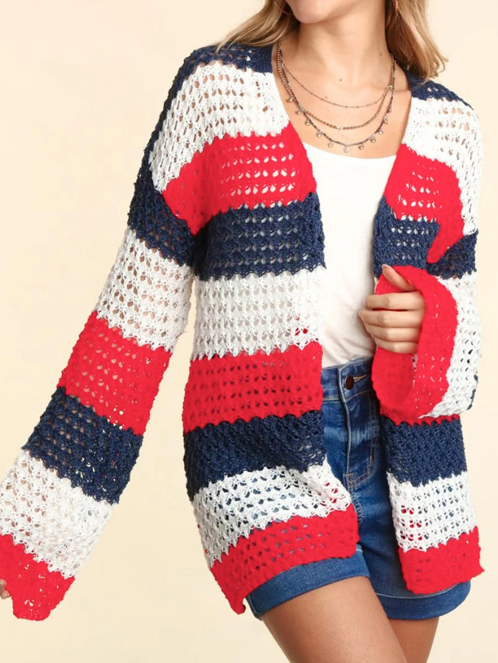 Open Knit Color Block Stripe Cardigan - Striped - 2