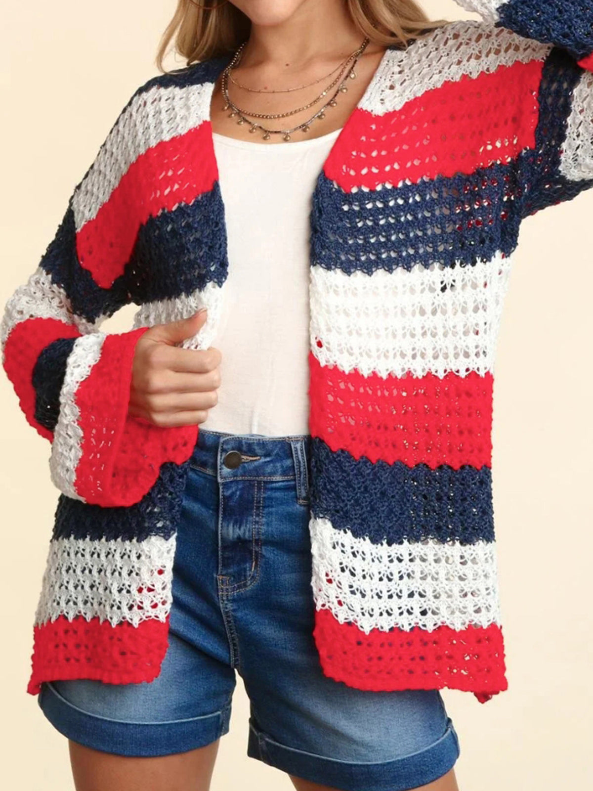 Open Knit Color Block Stripe Cardigan - Striped - 3