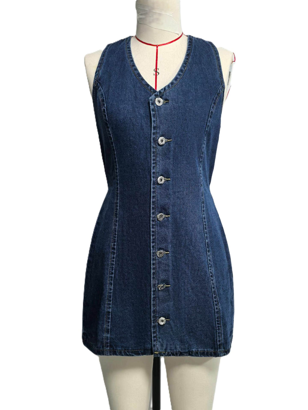 Button Front Sleeveless Denim Mini Dress - Blue