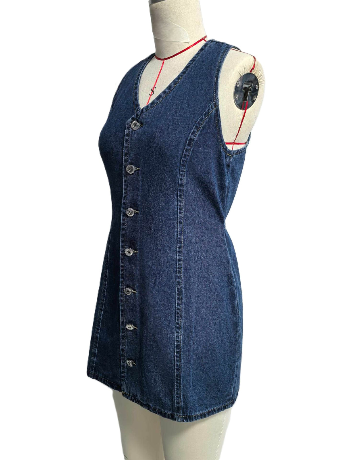 Button Front Sleeveless Denim Mini Dress - Blue - 1