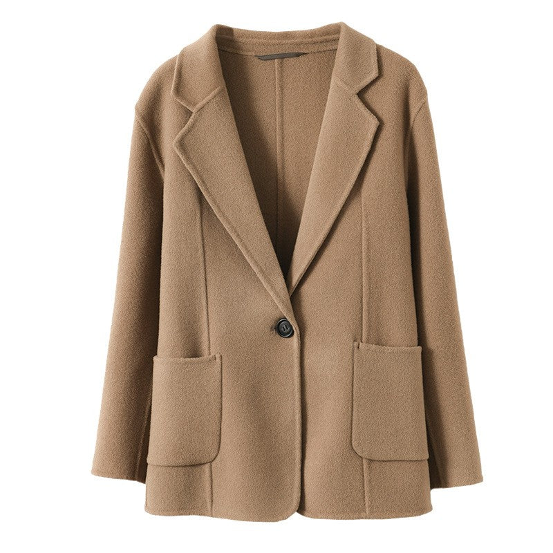 Single Button Wool Patch Pocket Short Blazer Coat