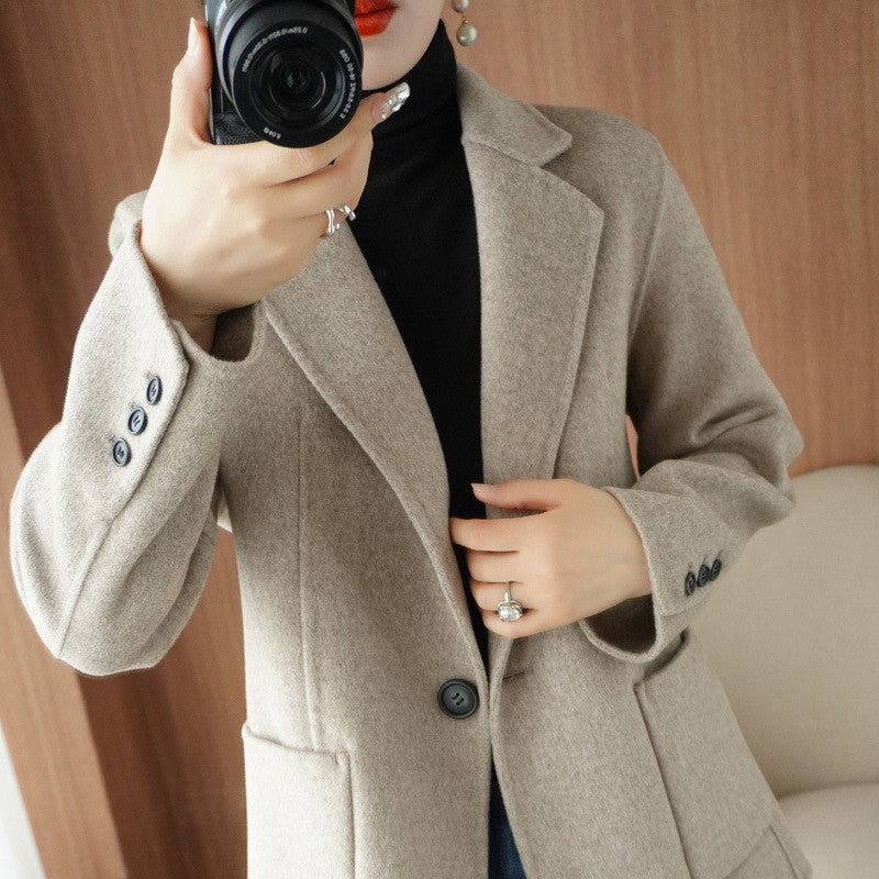 Single Button Wool Patch Pocket Short Blazer Coat