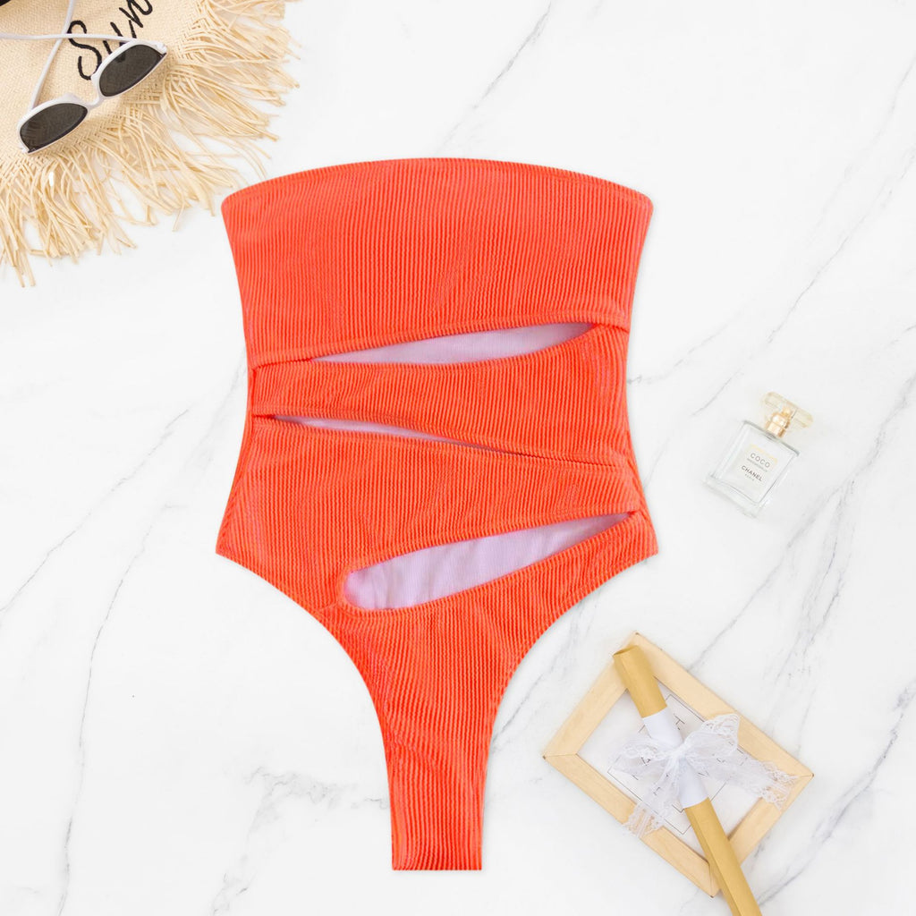 Strapless Slash Cutout One Piece Swimsuit - Orange - 1