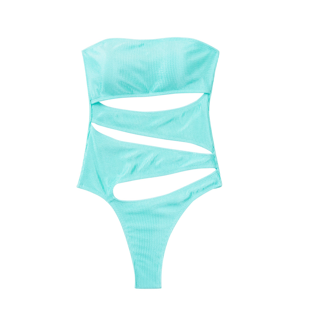 Strapless Slash Cutout One Piece Swimsuit - Turquoise - 4