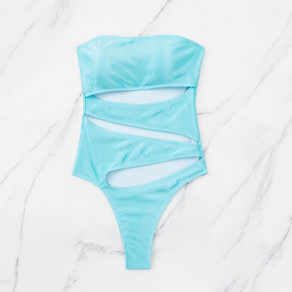 Strapless Slash Cutout One Piece Swimsuit - Turquoise - 5