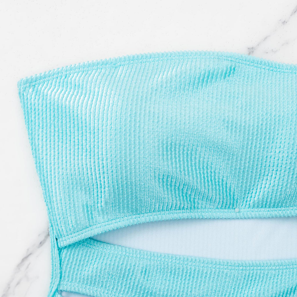 Strapless Slash Cutout One Piece Swimsuit - Turquoise - 7