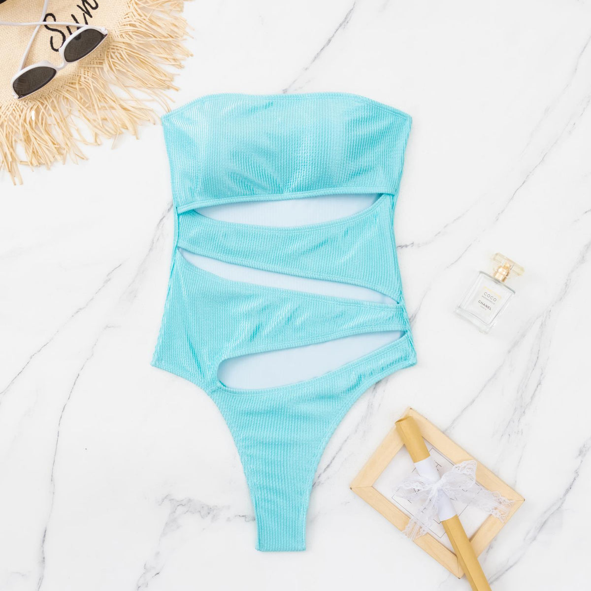 Strapless Slash Cutout One Piece Swimsuit - Turquoise - 9