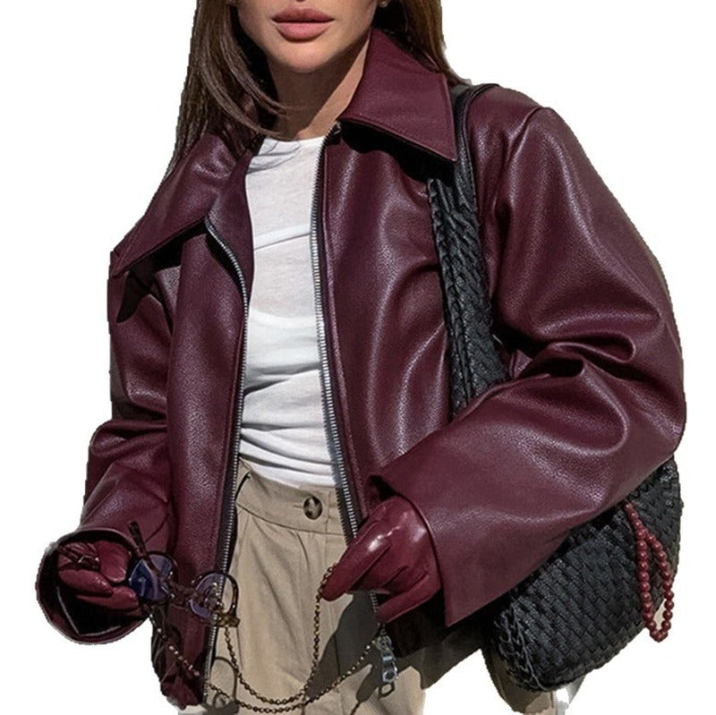Oversized Faux Leather Point Collar Zip Jacket - Burgundy