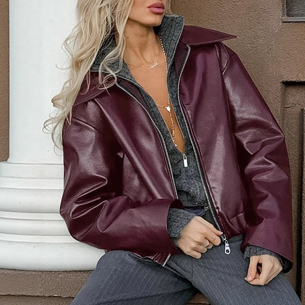 Oversized Faux Leather Point Collar Zip Jacket