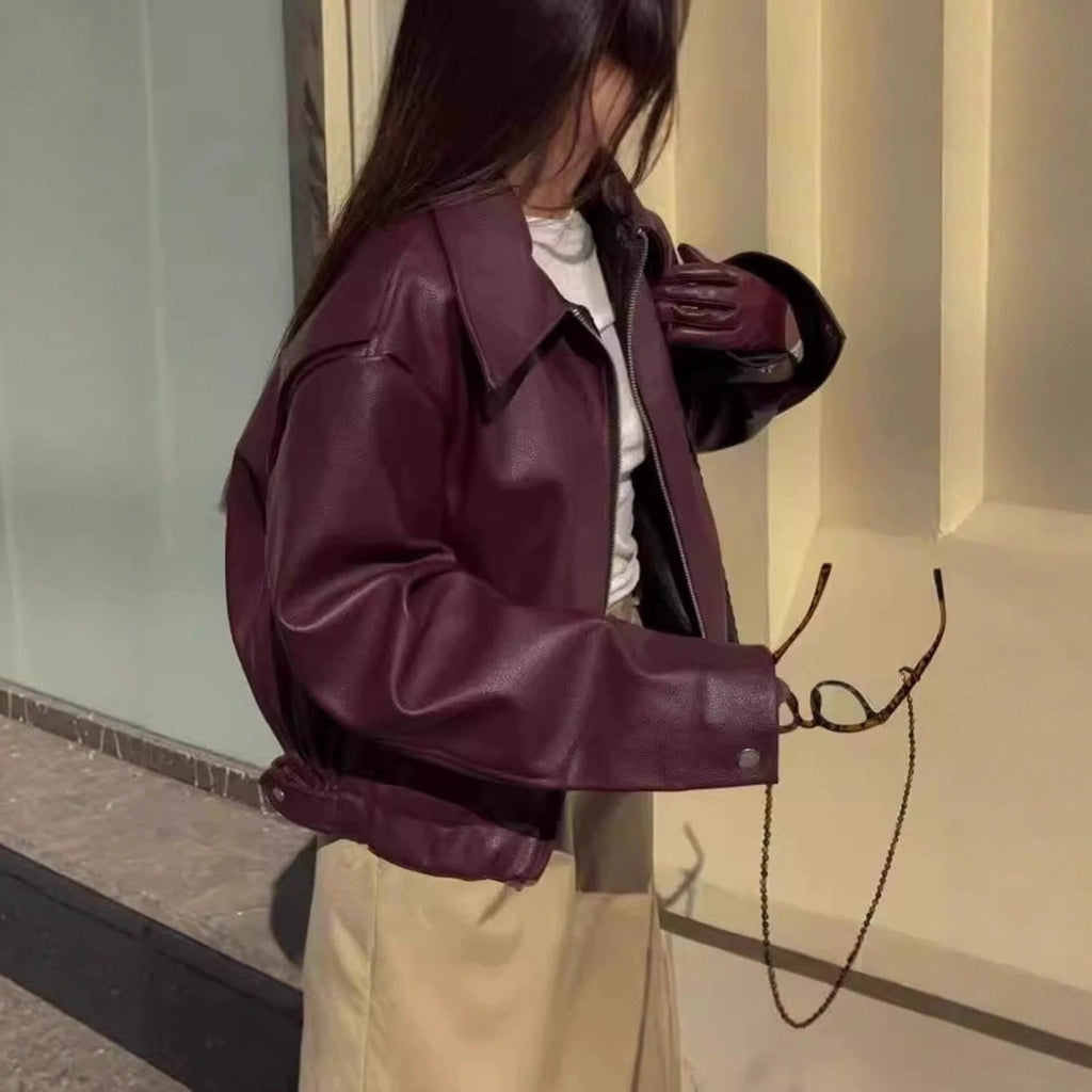 Oversized Faux Leather Point Collar Zip Jacket